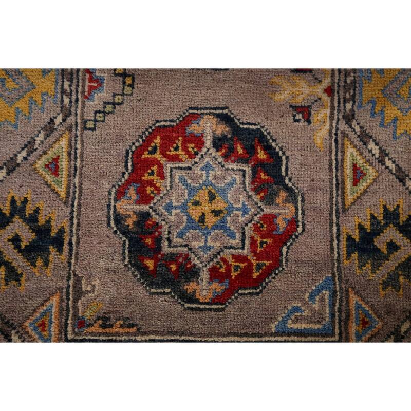 Geometric Brown Kazak Oriental Runner Rug Hand-Knotted Wool Carpet - 1'11" x 5'11"
