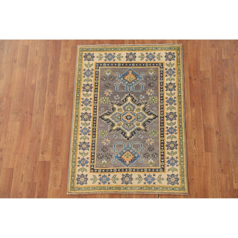 Gray Geometric Kazak Oriental Accent Rug Handmade Wool Carpet - 2'9" x 3'10"