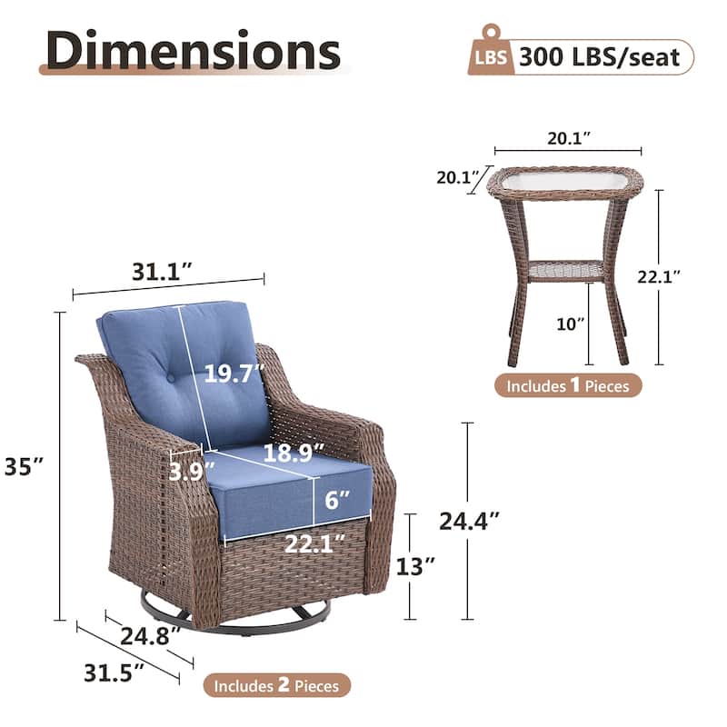 Gymojoy Outdoor Swivel Glider Chair with Side Table - All-Weather Rattan Wicker, 6" Waterproof Olefin Cushions