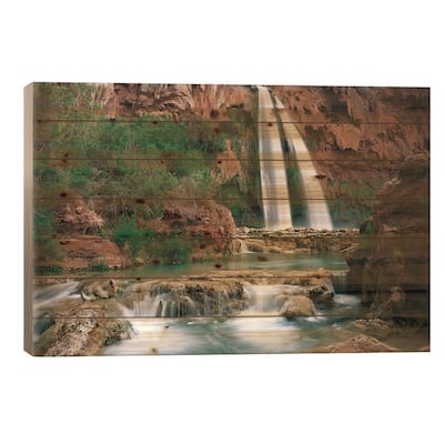Havasu Creek, Which Is Lined With Cottonwood Trees, Being Fed By One Of Its Three Cascades Print On Wood by Tim Fitzharris