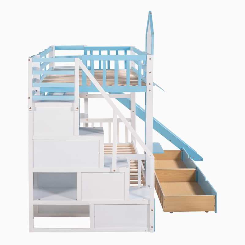 Twin-Over-Twin Wood Bunk Bed with Drawers, Shelves and Slide