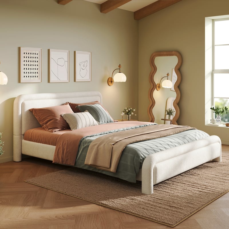 Christopher Knight Home - Boucle Upholstered Platform Bed Frame with Curved Headboard - Queen