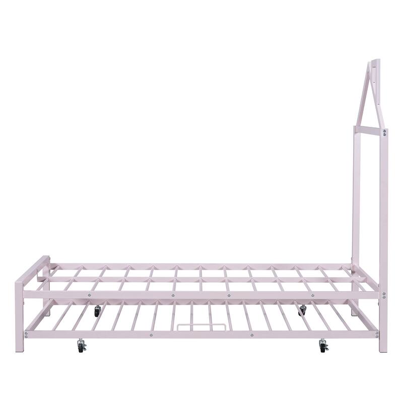 Metal Platform Bed with Twin Size Trundle,House-Shaped Headboard