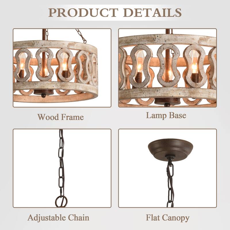 Cusp Barn 3-Light Farmhouse Candle Chandelier Rustic Drum Ceiling Pendant Light for Living Room