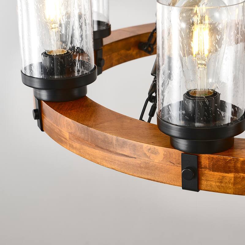 8 Light Rustic Wagon Wheel Chandelier,Wooden Pendant with Seeded Glass Shade,NO INCLUDED BULBS