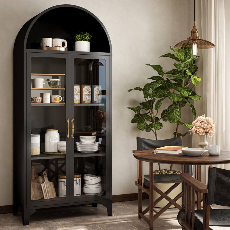 73.6-Inch Arched Metal Storage Display Cabinet with Glass Doors