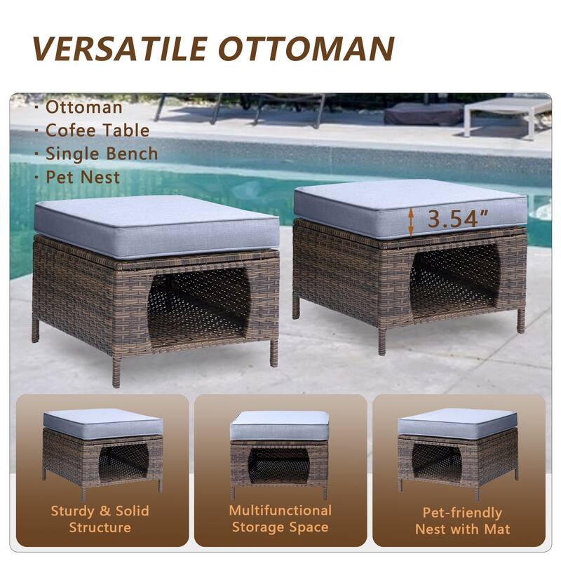 Brown Wicker Outdoor Patio Furniture Sofa Set with Denim Blue Cushions