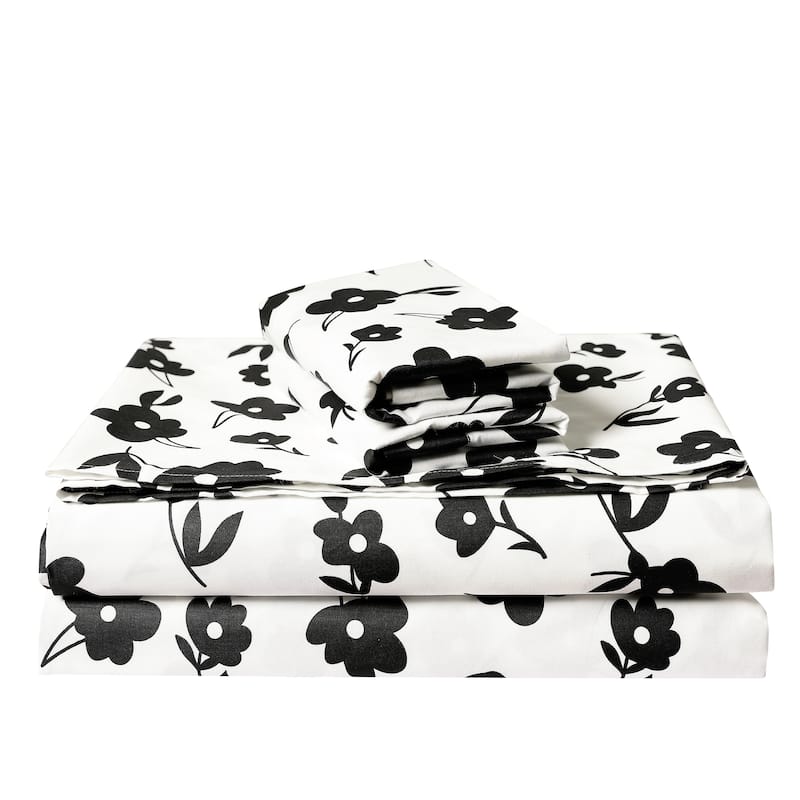 Hepburn Black White Floral Pure Cotton Sheet Set with Pillowcase