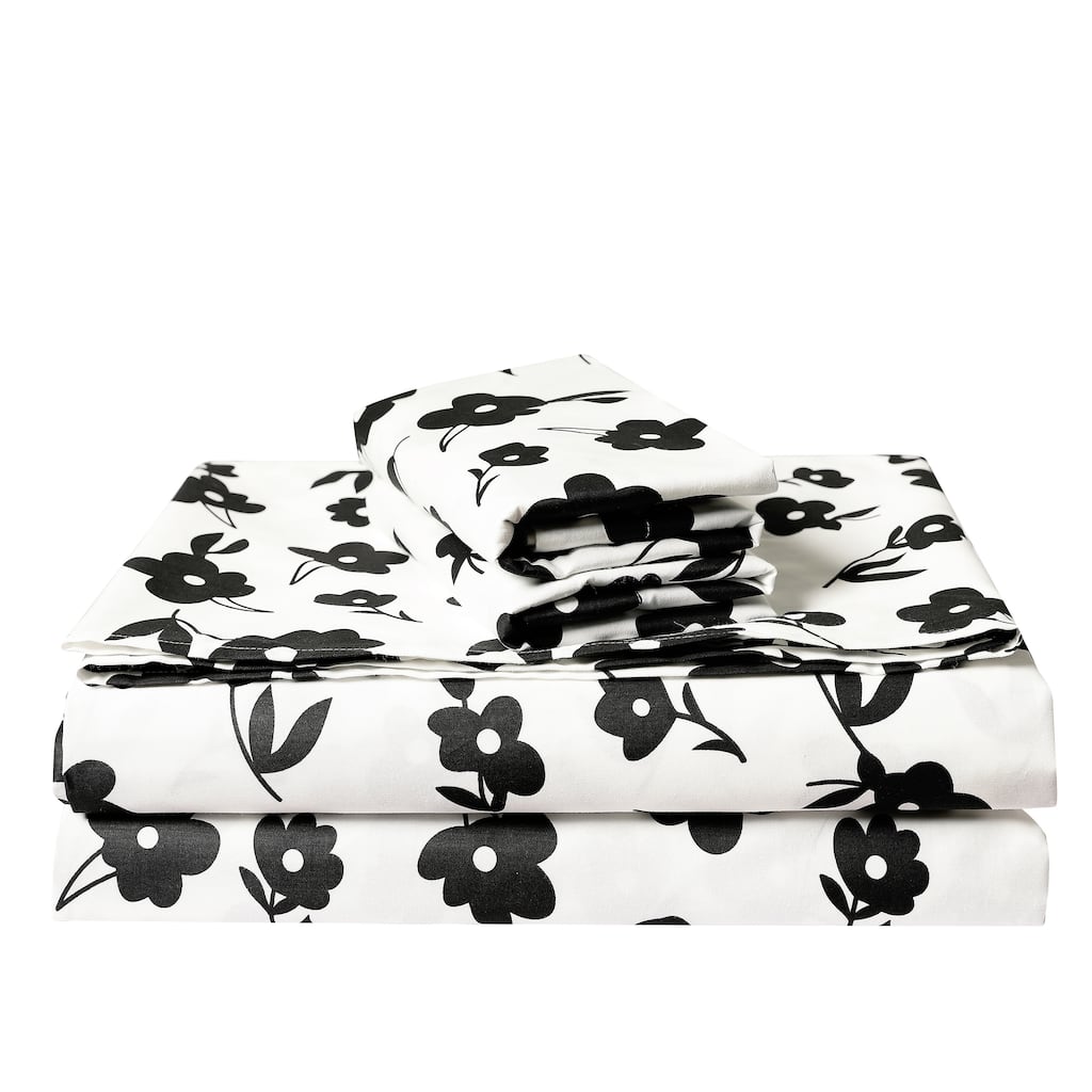 Hepburn White Black Floral 100% Cotton Sheet set with pillowcase