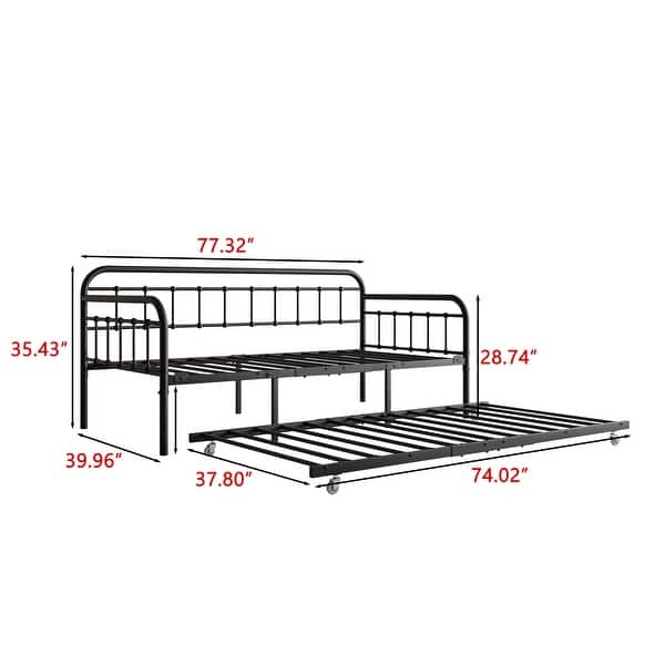 Twin Size Metal Daybed Frame with Trundle, Heavy Duty Steel Slat Support Sofa Bed Platform with Headboard, No Box Spring Needed