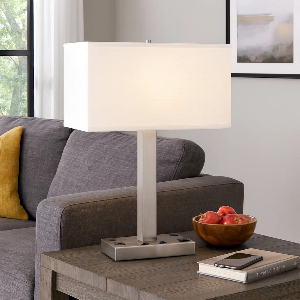 Colm Table Lamp, 2 Ports and 2 Power Outlets, Brushed Steel 21 Inch
