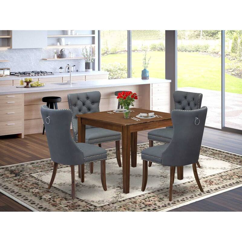 5-Piece Antique Walnut Finish Solid Wood Top - Square Upholstered Dining Room Set - Seats 4