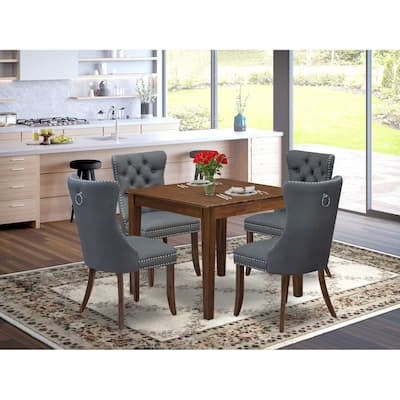 5-Piece Antique Walnut Finish Solid Wood Top - Square Upholstered Dining Room Set - Seats 4