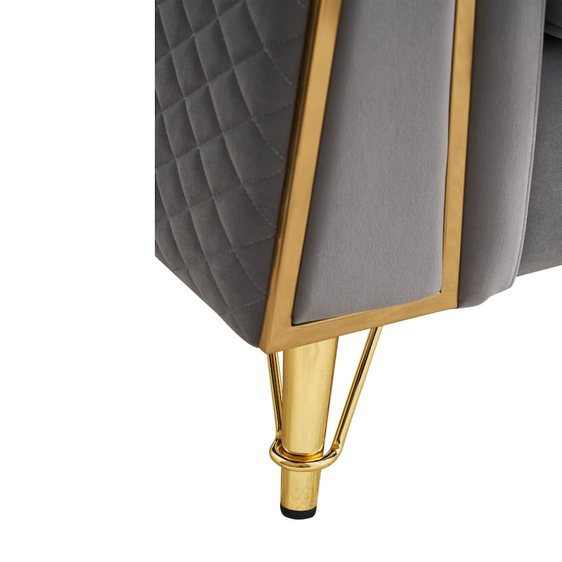 Mid-century Couch Velvet Upholstered Sofa with Button Tufted Backrest, Unique Armrest Design and Golden Metal Decor
