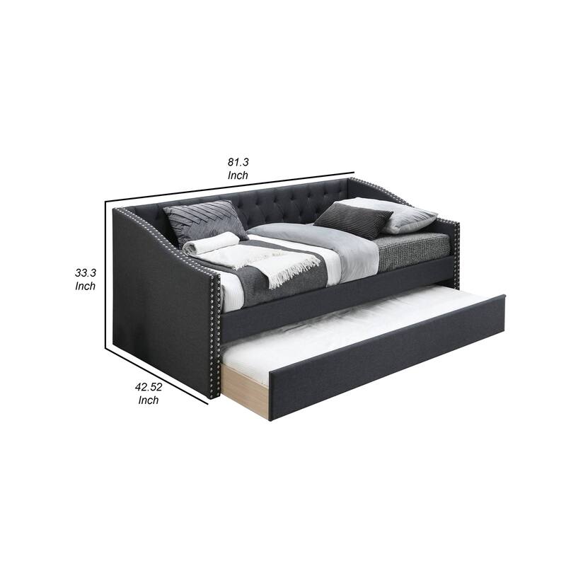 Daybed Sofa w Slats n Trundle Bed, Nailhead Trim, Charcoal Gray Fabric