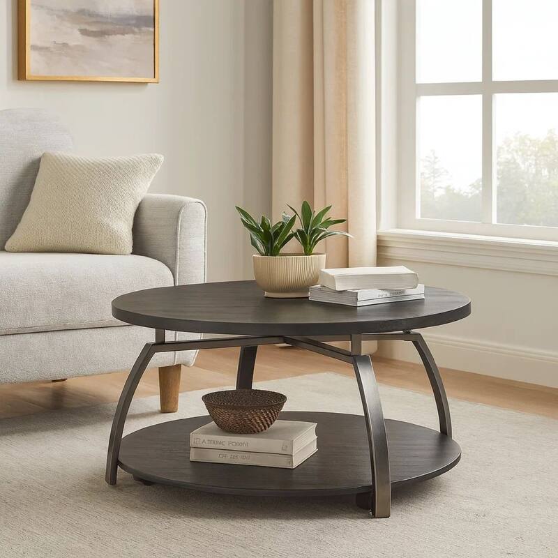 Dyn 35 Inch Round Coffee Table, 1 Shelf, Grayish Black Top, Gray Metal Leg