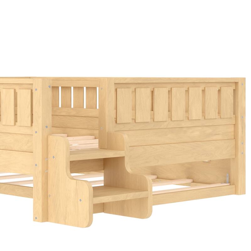 Full/Twin Size Wood Bed with Built-in Bookshelves and Storage Staircase, Safety Rails and Trundle Bed
