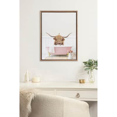 Sylvie Beaded Highland Cow Duckling Bath Framed Canvas by Amy Peterson
