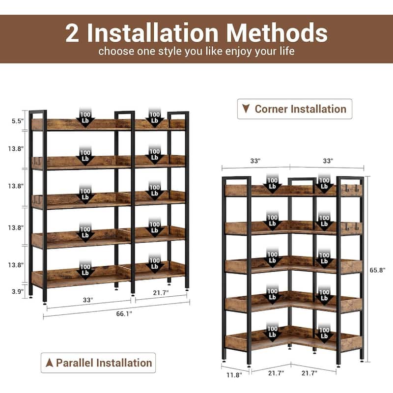 5-Tier Corner Convertible Bookshelf, Industrial Bookcase for Living Room, Bedroom