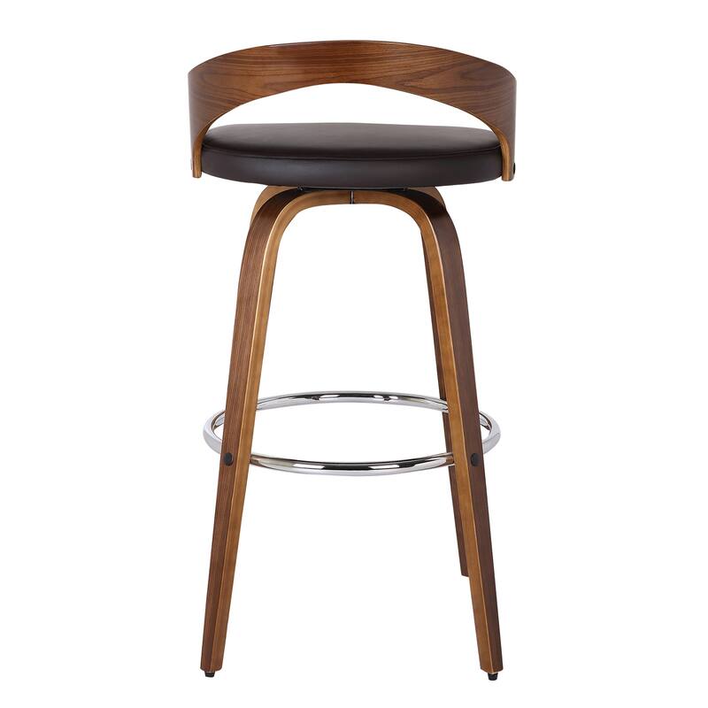 30" Modern Brown Bar Height Swivel Stool with Low Back Faux Leather Upholstery and Footrest - 35”H x 19”W x 19”D