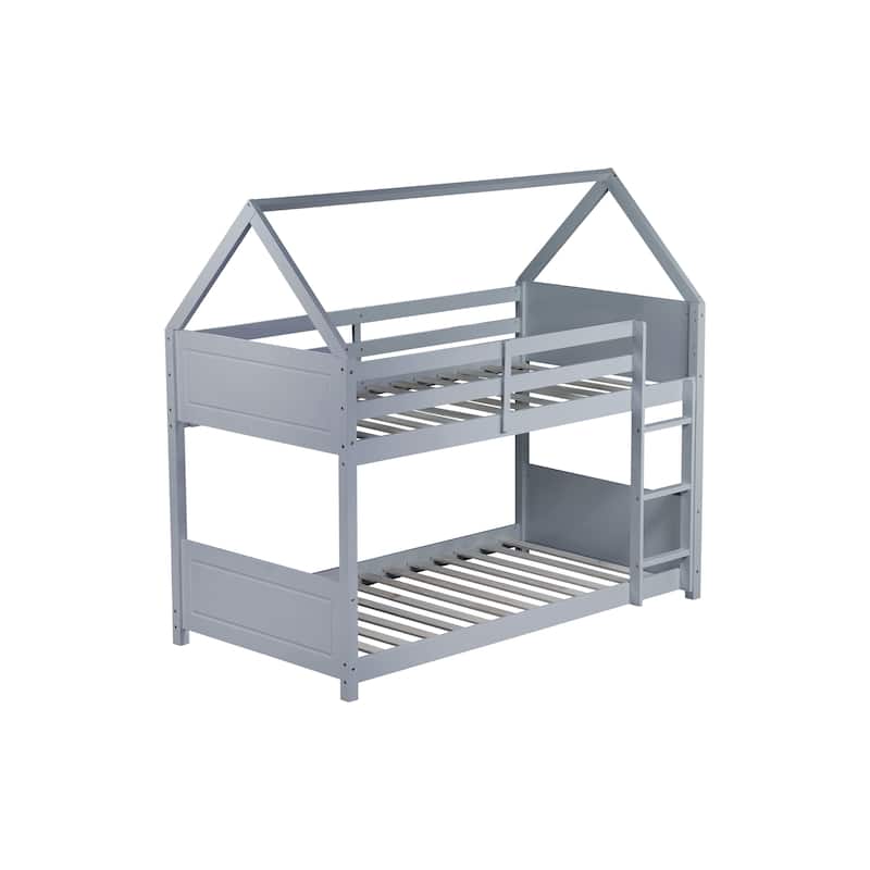 Twin Over Twin House Bunk Bed with Safety Guardrails & Ladder (250lb Capacity)