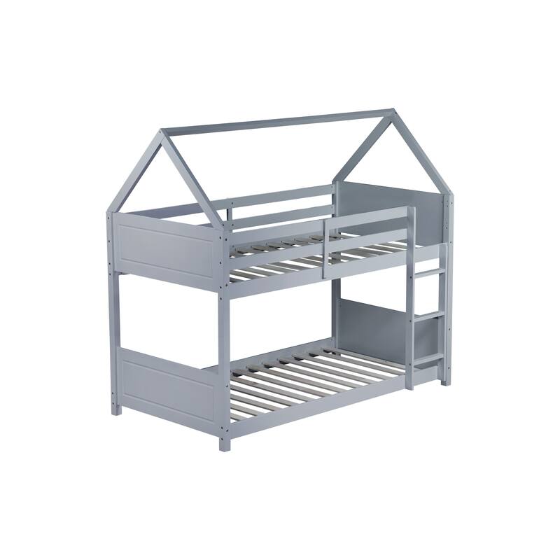 Twin Over Twin House Floor Bunk Bed with Headboards, Footboards, Guardrails, and Ladder, Light Grey