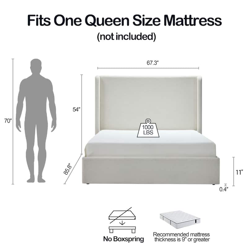 Christopher Knight Home - Carmen Upholstered Wingback Platform Bed Frame, Textured Ivory Chenille, No Box Spring Needed