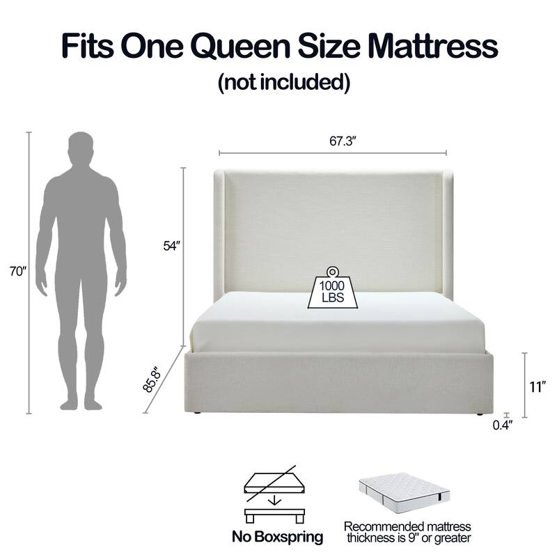 Upholstered Wingback Bed / Upholstered Platform Bed Frame / 54" High Headboard / No Box Spring Needed / Easy Assembly / Queen