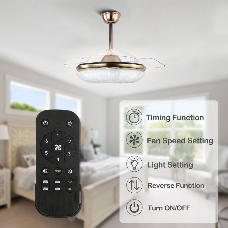 CurveCurio Galaxy-Vibe 42" Retractable Ceiling Fan with Matte Gold Finish & LED Lights – 3 Color Tones, Remote Controlled
