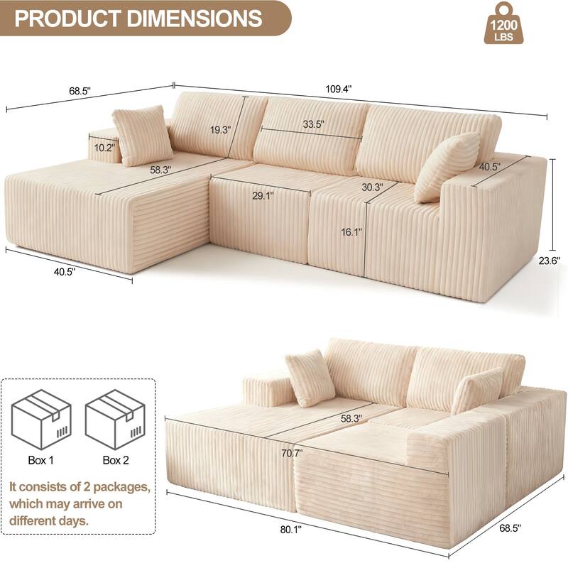 Modular L-Shape Sofa Couch with Deep Seat for Living Room and Bedroom