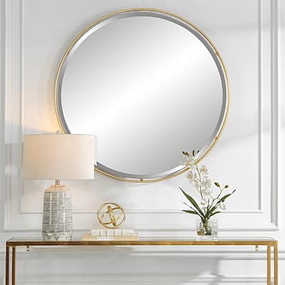 Round Beveled Floating Wall Mirror - 42" - Antiqued Gold Finish