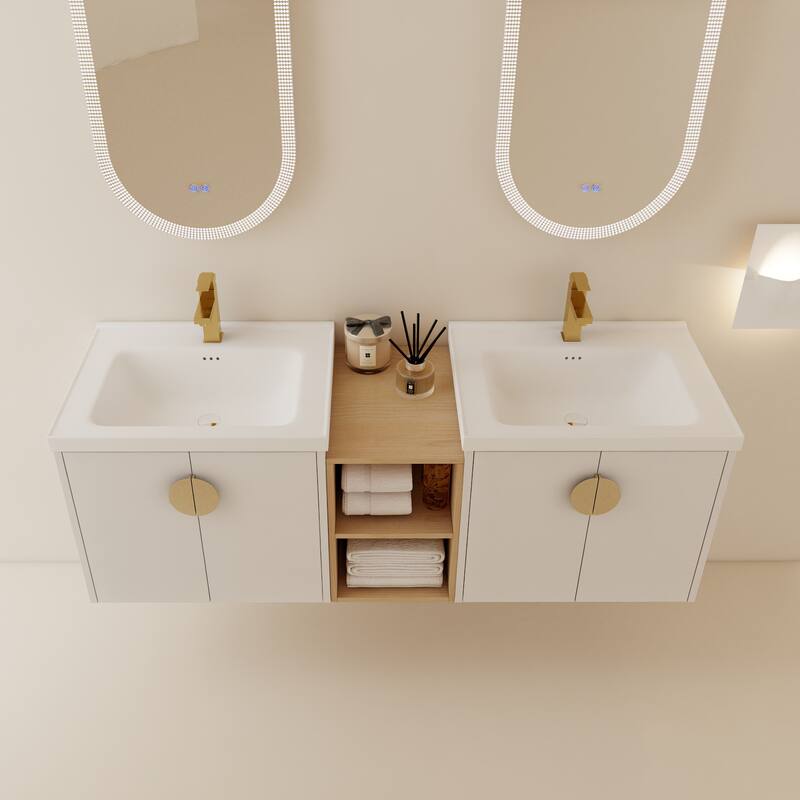 59.6-Inch Wall-Mounted Vanity with Scratch-Resistant Plywood Base and Two Ceramic Basins - 59.6in L