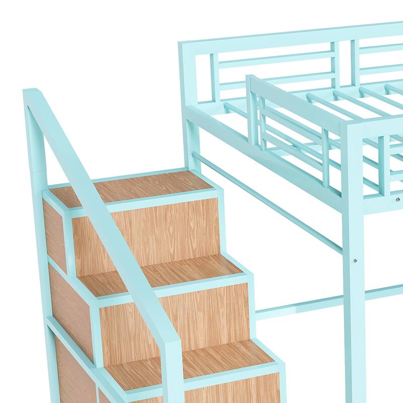 Full Loft Bed /Desk & Storage - Heavy Metal Frame, 4 Cabinets, Staircase & Rack Space-Saver