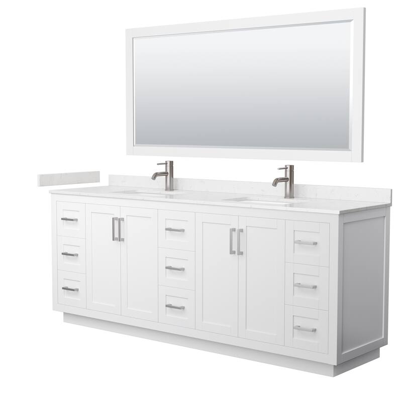Miranda Double Vanity Set, Cultured Marble Top, 70-Inch Mirror - 84-Inch Double - White, Nickel Trim, Carrara Cultured Marble Top