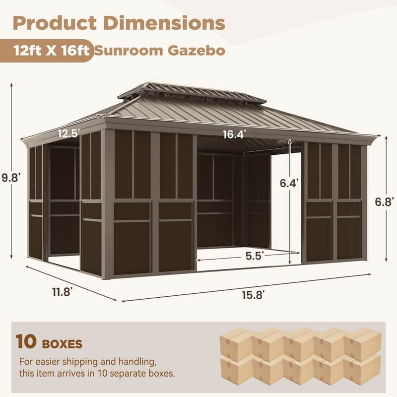 Hardtop Sunroom with Double Steel Roof, Sliding/Lockable Doors & Screens - All-Season Rustproof Aluminum Frame,Advanced Drainage