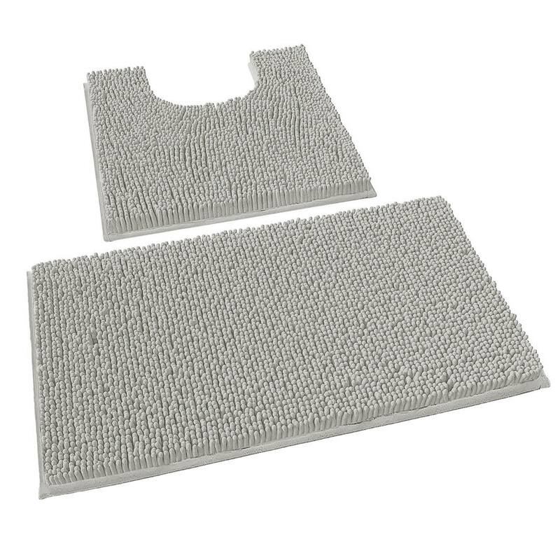 2 Piece Set Warm Grey Soft Cozy Plush Chenille Bath Mat Bathroom Rug