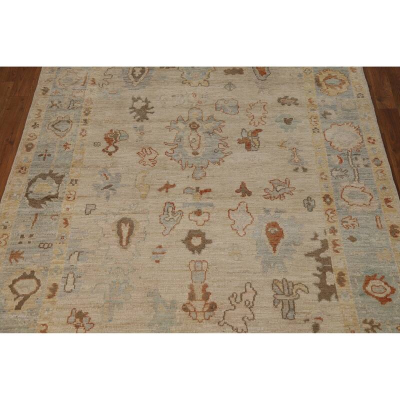 Vegetable Dye Oushak Turkish Rug Handmade Beige Wool Carpet - 5'0"x 7'7"