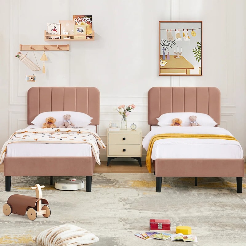 2 Pack Kids Bed Frame Height Adjustable Upholstered Headboard Bed Twin Size Bed Set of 2 - Set of 2 - Coffee