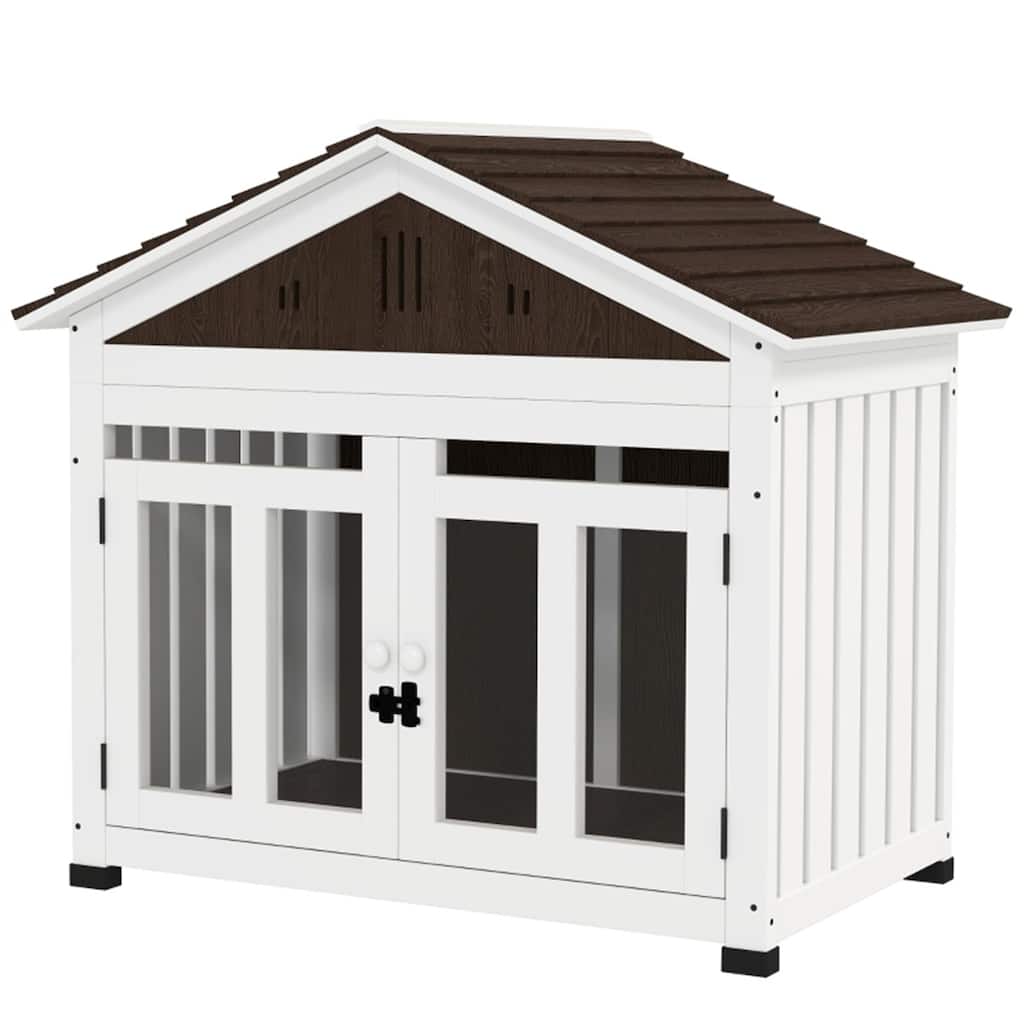 Dark Brown and White Wooden Dog Crate with Acrylic Front Door Removable Floor Elevated Design