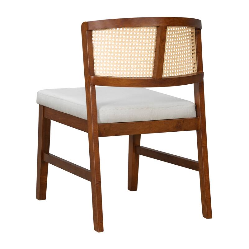 Set of 2 Rattan Dining Chairs - Fabric Upholstered Seat, Curved Rattan Back & Hardwood Frame, Armless