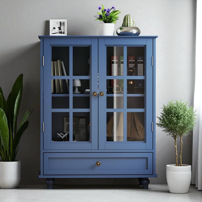 Modern Wooden Buffet Cabinet with Double Glass Doors & Drawer, Storage Sideboard for Dining Room & Entryway - Blue