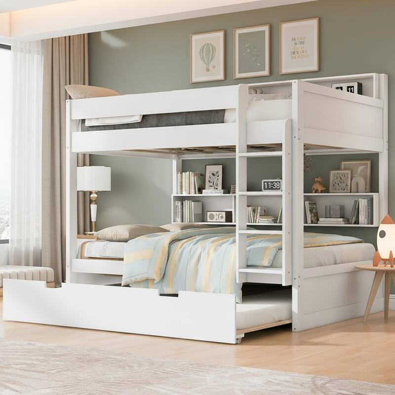 Bunk Bed with Trundle & Dual-Side Storage Shelves by Harper&Bright Designs - White - Twin