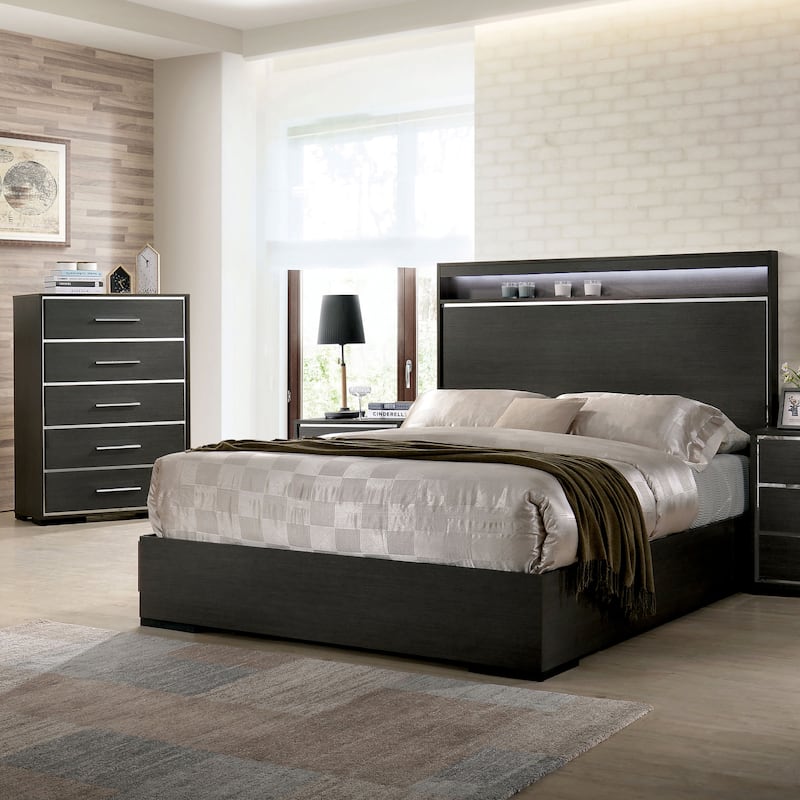 Furniture of America Kastela Contemporary Grey 2-Piece Panel Bed and Chest Set with LED - King