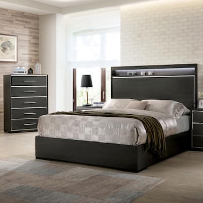 Furniture of America Kastela Contemporary Grey 2-Piece Panel Bed and Chest Set with LED
