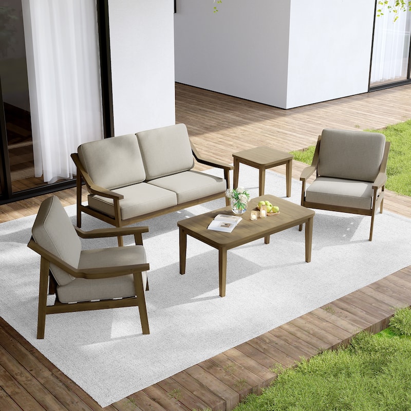 Outdoor Conversation Set Patio Cushioned Chair, Loveseat with Tables - Natural Wood - Light Camel