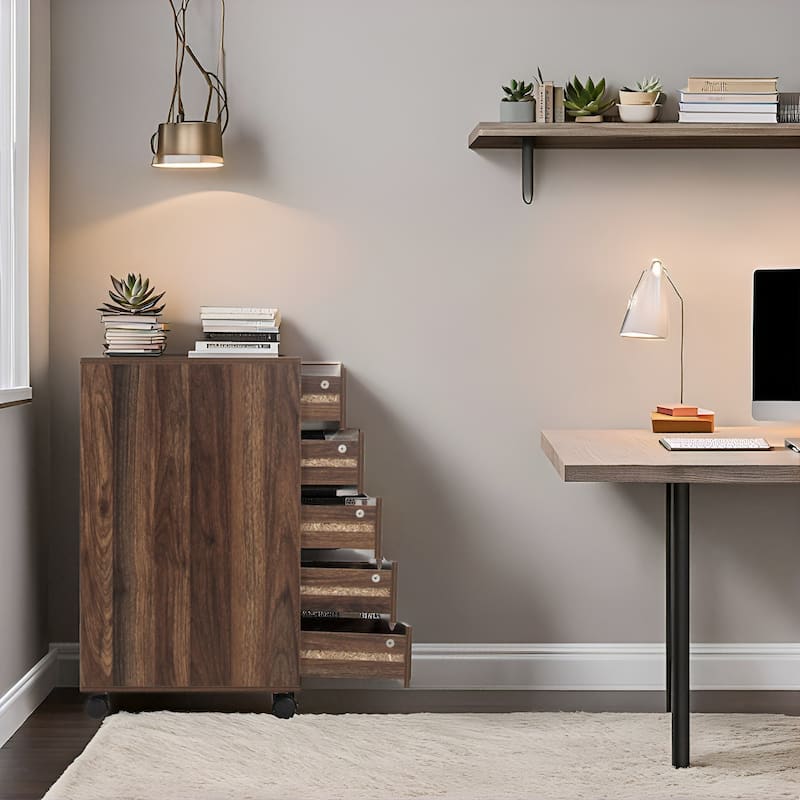 Portable 5-Drawer Wooden Cabinet with 360° Wheels, Smooth Pullout & Extra Top Storage