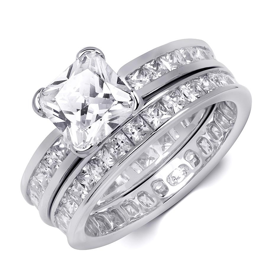 MayaMila Womens CZ Wedding Band Engagement Ring Set 2.5 CT Princess Cut Silver