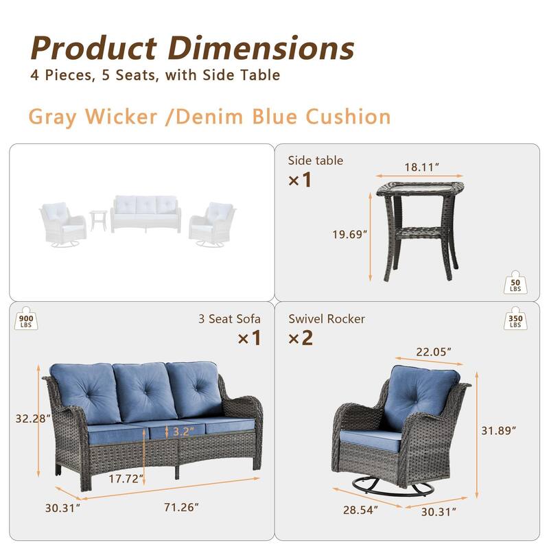 Gray Wicker Outdoor Patio Conversation Seating Sets with Swivel Chairs