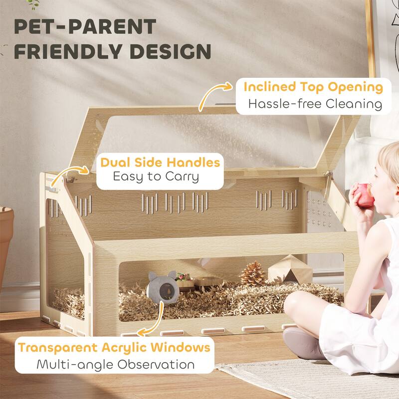 Oak Hamster Habitat with Clear Acrylic Panels and Inclined Top Opening Side Handles for Transport - 39.4" L x 22.8" W x 20.1" H