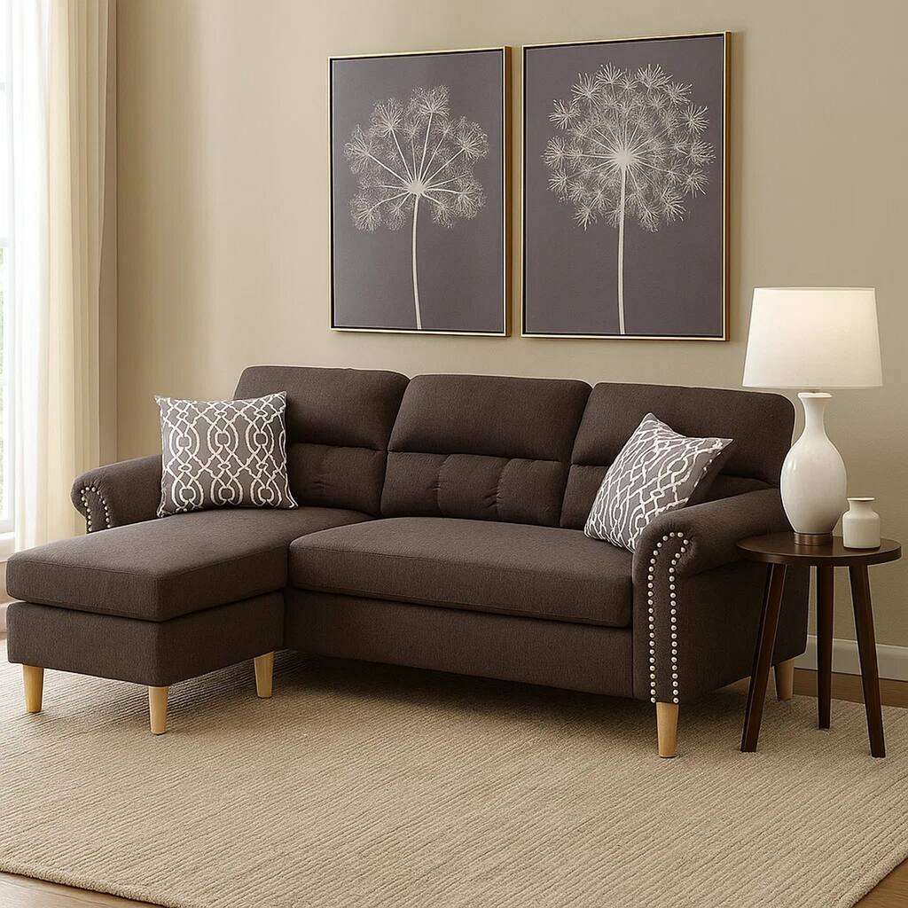2 Piece Contemporary Sectional Set with Tufted Back, Tan